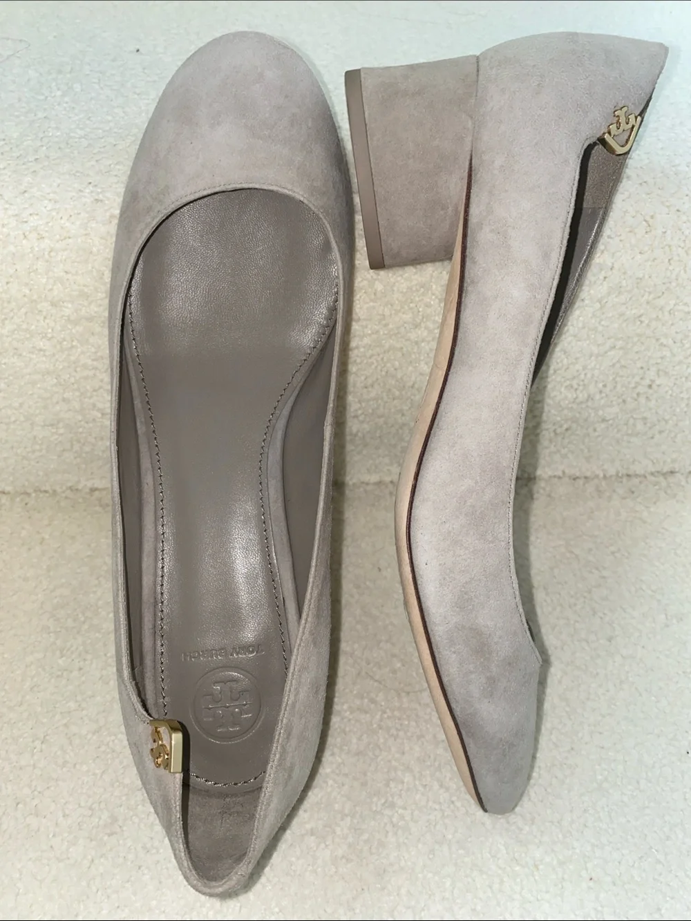 Tory Burch Gray Suede Block Heel Pumps